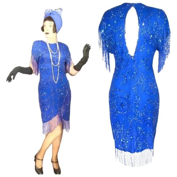 Vintage Laurence Kazar Womens Size L  Blue Beaded Fringe Cocktail Dress - Picture 7 of 8